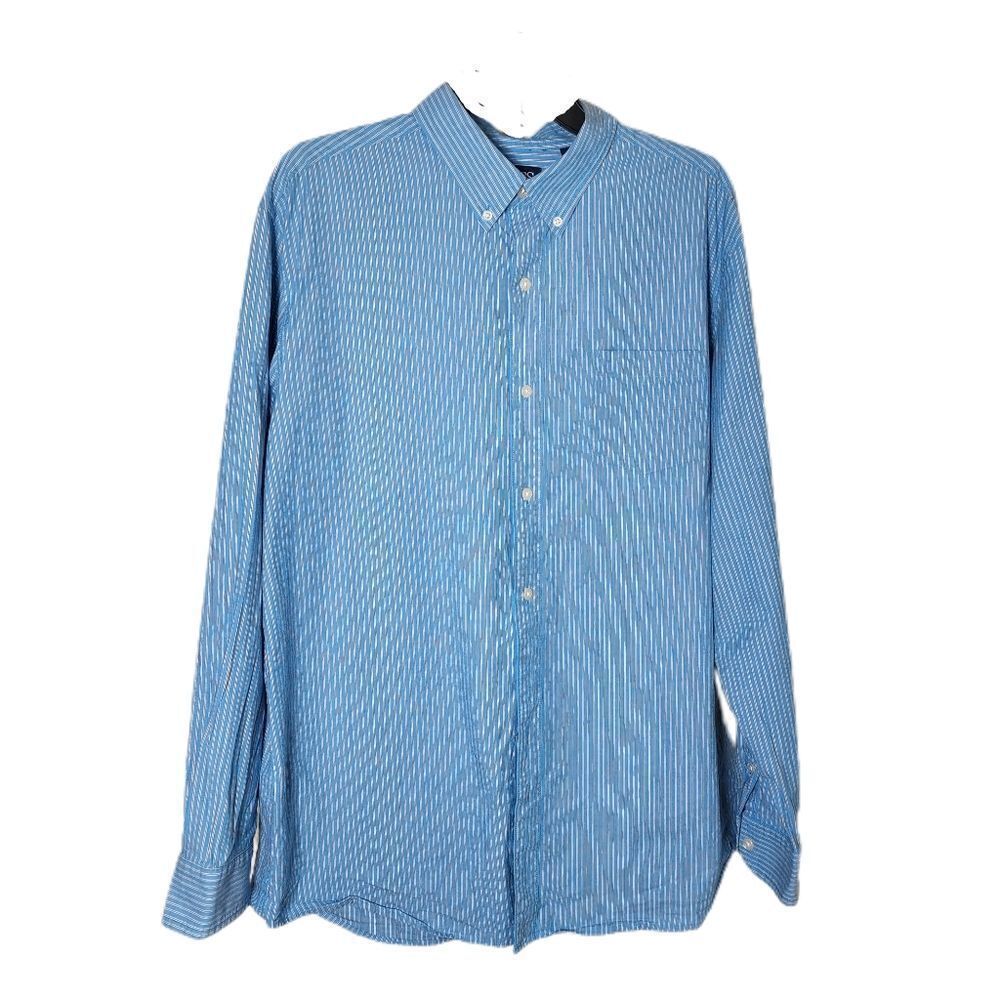 Chaps Men's Button Front Blue White Black Pin Stripe Long Sleeve XL 0708